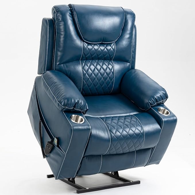 Heavy Duty Power Lift Chairs Recliners with Heater and Massage for Elderly, Big and Tall Recliners 400lbs Suitable for People Up to 6Ft (Blue Leather)