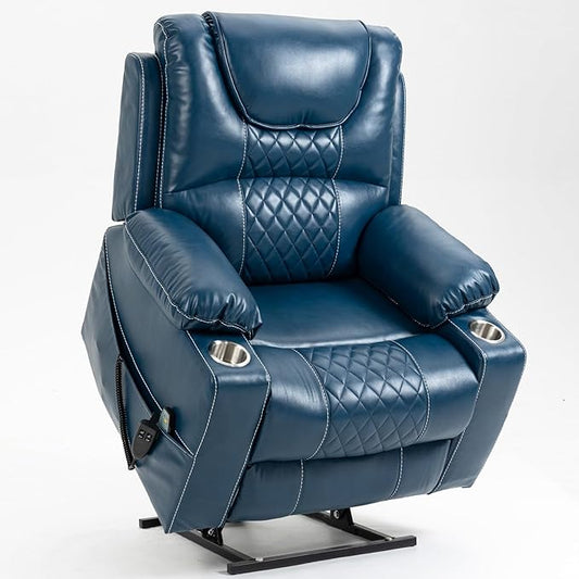 Heavy Duty Power Lift Chairs Recliners with Heater and Massage for Elderly, Big and Tall Recliners 400lbs Suitable for People Up to 6Ft (Blue Leather)