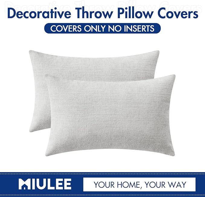 MIULEE Pack of 2 Light Gray Throw Pillow Covers 12x20 Inch Soft Chenille Pillow Covers for Sofa Living Room Couch Solid Dyed Cases