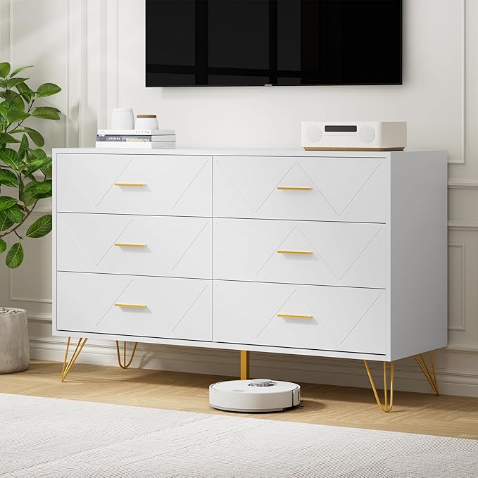 White Dresser for Bedroom, 6 Drawer Dresser with Golden Handles, Wood Modern Double Chest for Hallway, Entryway