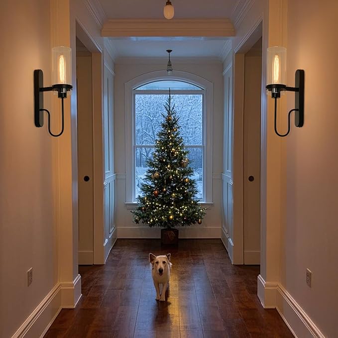 Bathroom Sconces Set of 2, Black Modern Vanity Lights with Clear Glass Shade, Indoor Farmhouse Wall Sconce for Living Room, Bedroom, Hallway, Stairwell and Kitchen