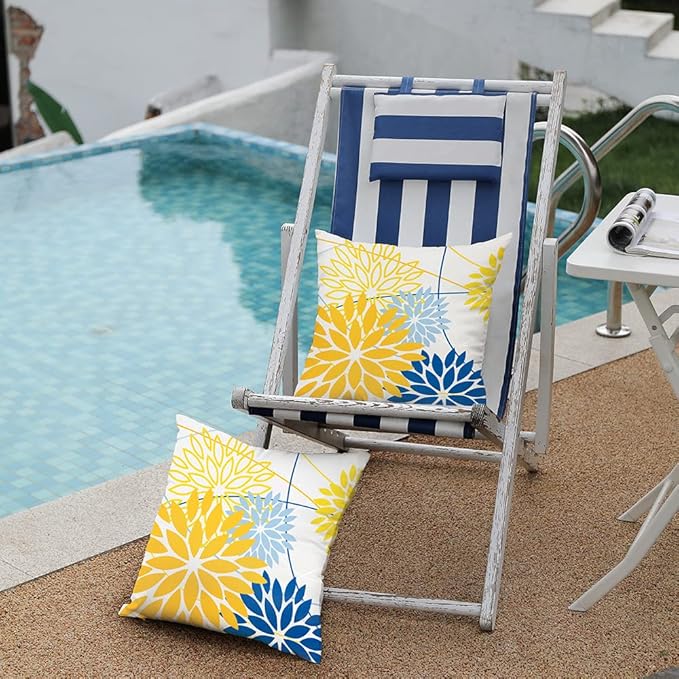 Yellow Blue Outdoor Pillow Cover 18X18 Inch Set of 2 Outdoor Waterproof Summer Floral Yellow Decorative Pillow case Decor for Couch Patio Funiture Garden Print Polyester Cushion Cover 01J18