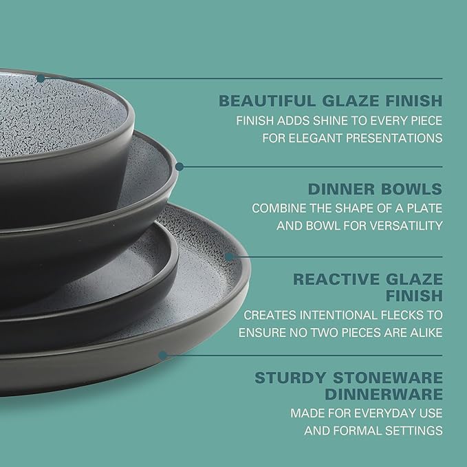 Gibson Elite Tribeca Loft 16-Piece Dinnerware Set – Matte Black and Blue Reactive Glaze Stoneware, Double Bowl Round Plates and Bowls – Modern Rustic Dinnerware for 4, Dishwasher & Microwave Safe