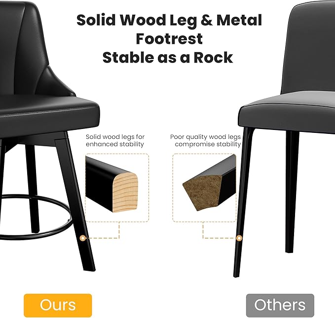 Swivel Bar Stools with Backs, 24" Counter Height Barstools Set of 8, Fabric Upholstered Counter Bar Stools with Solid Wood Legs for Kitchen Island, Home Bar, Black