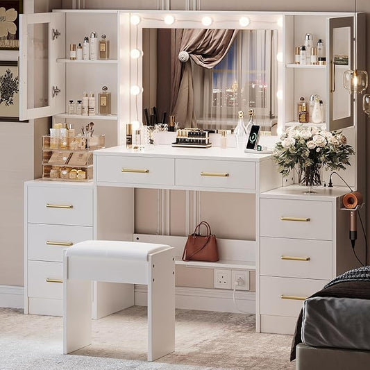 58.2” Vanity Desk with Mirror and Lights & Charging Station, Bedroom Dressing Table, Large Vanity Set with Cushioned Stool, 8 Drawers and 2 Cabinets, Makeup Vanity Table with Charging Station