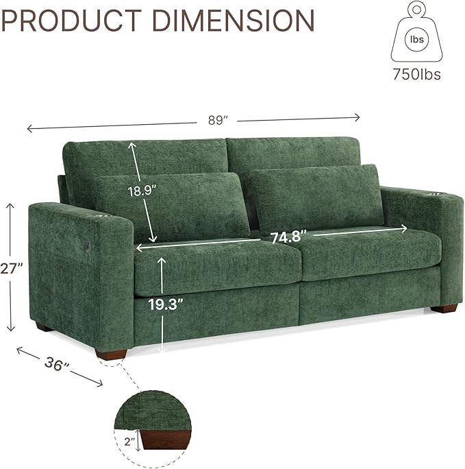 89" Sofa Couch for Living Room Chenille Upholstered Couch with Deep Seats and Wide Armrests 3 Seater Comfy Sofa with Cup Holders, USB & Type-C Ports, Spring Cushion, Solid Wood Frame Green