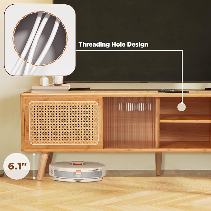 Rattan Boho TV Stand for TVs up to 65 inch, Entertainment Center with Rattan Door, Height-Adjustable Shelves & 4 Cabinets & Drawers, Long Boho Media Console for Living Room, Natural