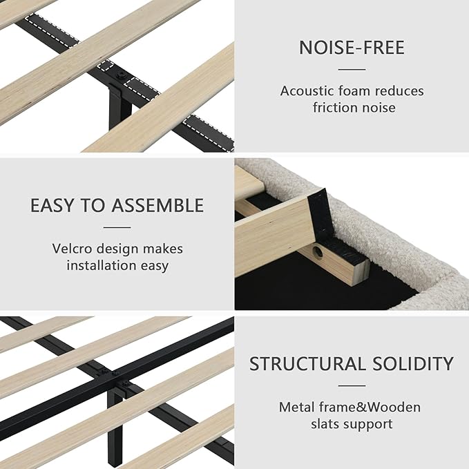 Queen Bed Frames,Breathable Boucle Fabric Upholstered Bed Frame with Headboard,Removable and Washable,Wood Slat Support,No Box Spring Needed,Easy Assembly,White