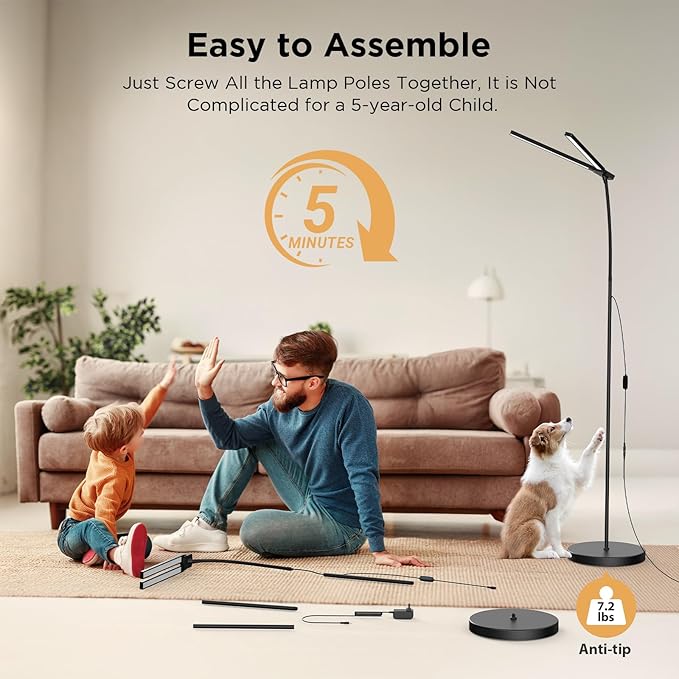 24W Ultra-Bright LED Floor Lamp for Living Room, 2400LM Double Head Craft Light with Adjustable Panels Gooseneck Lamp, Tall Standing Lamp for Office/Reading/Bedroom/Piano/Tattoo/Sewing/Puzzle/Lash