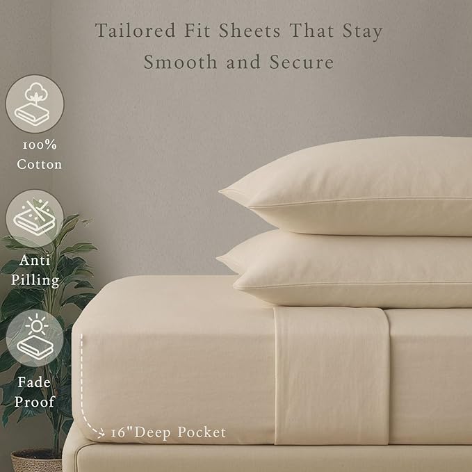 Threadmill 5-Star Hotel 500 Thread Count Best Bed Sheets, 100% Cotton Sheets Set for Queen Size Bed, Smoother Than Egyptian Cotton Claims, 4 Pc Set with Deep Pockets (Beige)