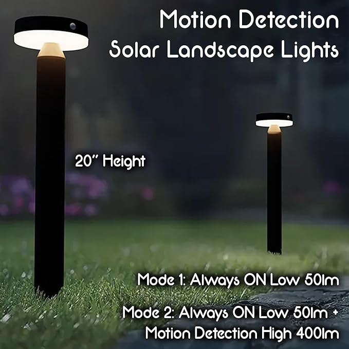 Solar Landscape Lights - Outdoor Solar Lights for Yard - PIR Sensor & Two Lighting Modes - 50lm & 400lm - Rechargeable Battery Last Up to 55 Hours - 3000K - IP44 Weather Resistant - 4 Pack