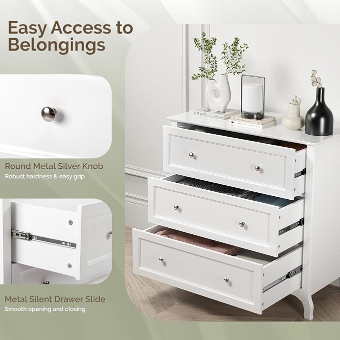 VINGLI White Dresser 3 Drawer Chest of Drawers for Bedroom, Painted Wood Dresser with Large Drawers and Curved Legs, 31.5" W Large Nightstand, 31.5" W*15.75" D*31.5" H