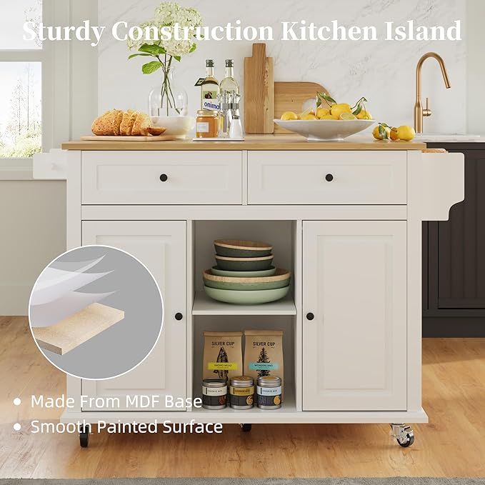 Rolling Kitchen Island Cart with Drop Leaf, Large Kitchen Island on Wheels with Storage and 2 Drawers, Mobile Island for Kitchen with Rubber Wood Countertop, Towel Rack (White, Large)