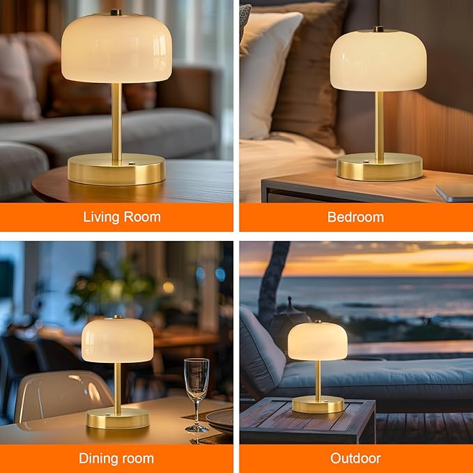 PORTRES Cordless Table Lamp Rechargeable Battery Operated Mushroom lamp Opal Glass Shade 3 Way Dimmable LED Touch Outdoor Lamp for Camping Bedroom Dining Living Room Beside Patio Restaurant,Gold