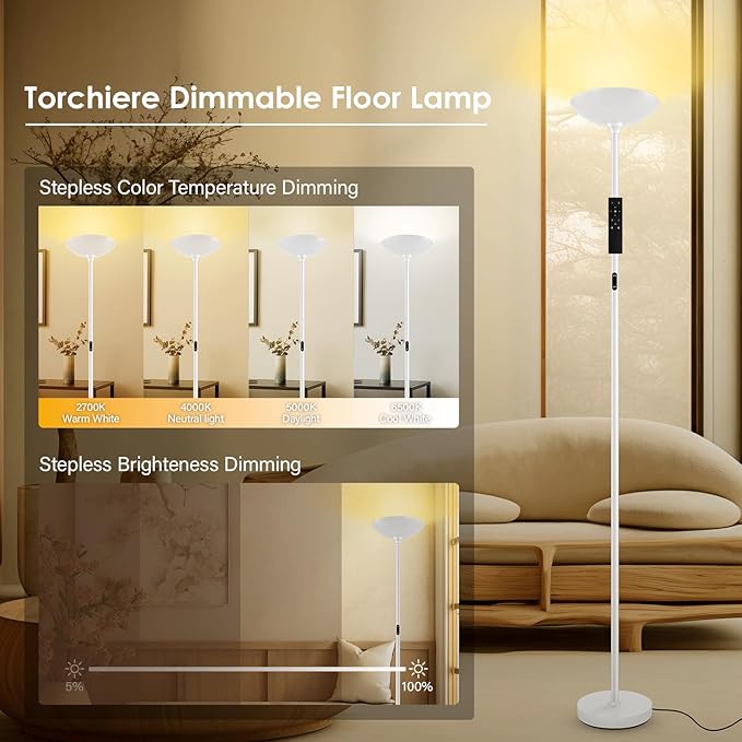 Stepless Dimmable Floor Lamp,30W 3000LM Super Bright LED Torchiere Floor Lamps with Remote & Touch Control,71 in Tall Modern Standing Lamp for Living Room Bedroom Office,2700k-6500k,White