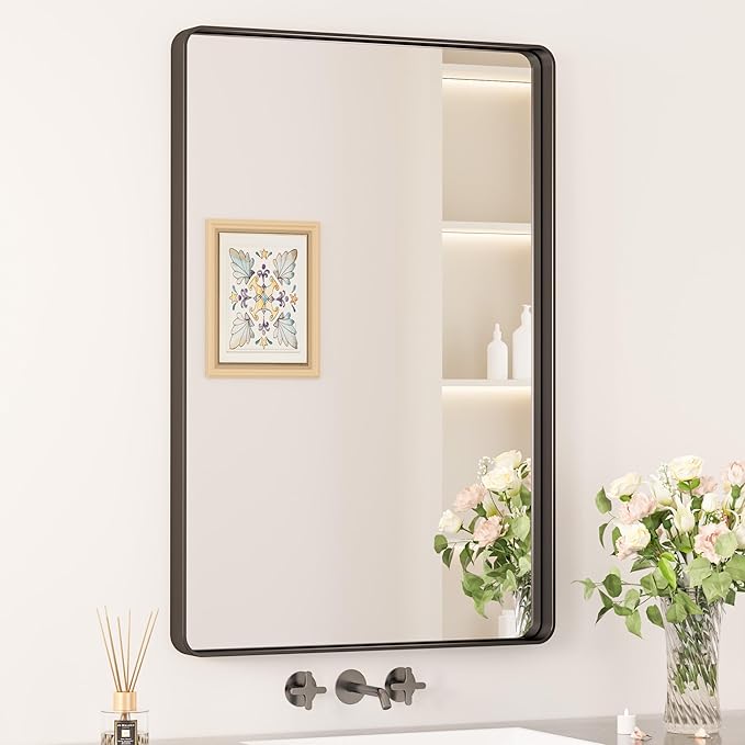 Keonjinn Black Bathroom Mirror for Vanity 24 x 36 Inch Metal Framed Wall Mirror Matte Black Rounded Rectangle Farmhouse Mirror, HD Tempered Glass, Wall-Mounted Decorative Mirror(Horizontal/Vertical)