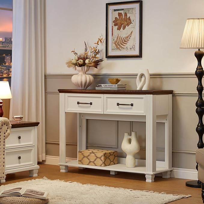 Farmhouse 46" Console Table with 2 Drawers, Rustic Wood 2 Tier Entryway Table with Open Storage Shelf for Entry, Large Mid-Century Vintage Sofa Tables Behind Couch for Living Room, White
