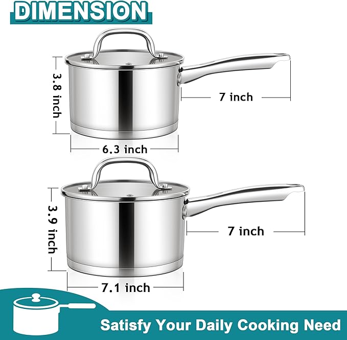 E-far Stainless Steel Saucepan with Lid Set - 2QT & 3QT, Triply Sauce Pan Induction Pot for Cooking, Boiling, Compatible with All Stoves, Visible Lid, Healthy & Non Toxic, Oven & Dishwasher Safe