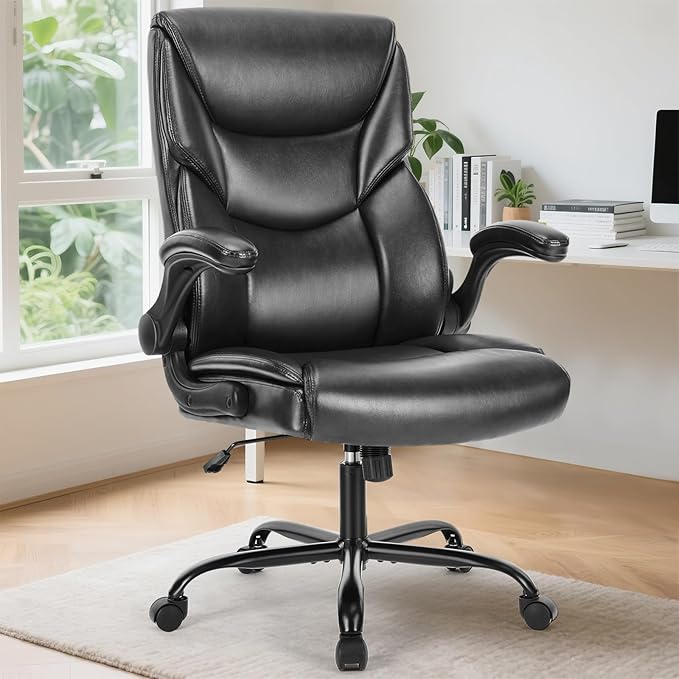Sweetcrispy Computer Gaming Chair, Ergonomic High Back Heavy Duty Task Desk Office Chairs with Wheels, Flip-up Arms, Adjustable Height, PU Leather,Inky