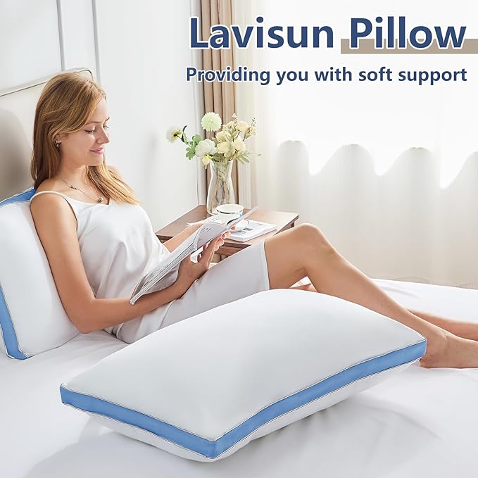 CozyLux Pillows Queen Size Set of 2, Soft and Supportive 3D Down Alternative Bed Pillow for Sleeping 2 Pack Blue, Luxury Hotel Quality Gusseted Bedding Pillow for Back, Stomach or Side Sleepers 18x28