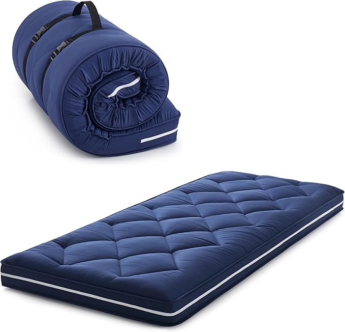 4Inch Floor Mattress,3 Layer Structure Cot Mattress Topper,Gel Memory Foam Futon Mattress,Removable Thickened Cover,Portable Roll Up Sleep Pad (Blue, 72X24)