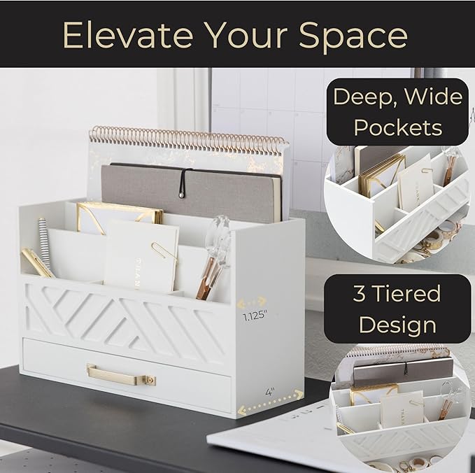 BLU MONACO White Wooden Mail Organizer with Drawer and Gold Handle – Desk Accessories for Office Organization and Storage – Home, Office, and Classroom Supplies