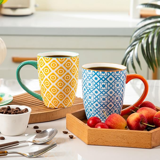 Ceramic Coffee Mugs Set - 16 Oz Large Porcelain Tea Cups with Handle for Men Women Cappuccino Latte Cocoa - Microwave Dishwasher Safe - Christmas Housewarming Gift - Set of 6 - Assorted Colors