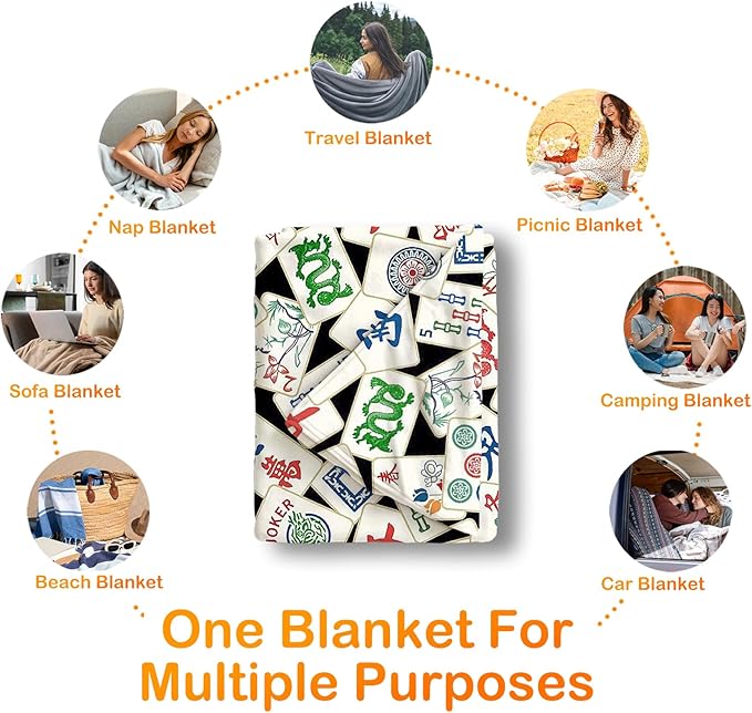 Mahjong Lover Gifts Throw Blanket for Women Men,Chinese Mahjong Blanket for Office Couch Bed Girls Dorm Bedroom Living Room,50x60 Inches