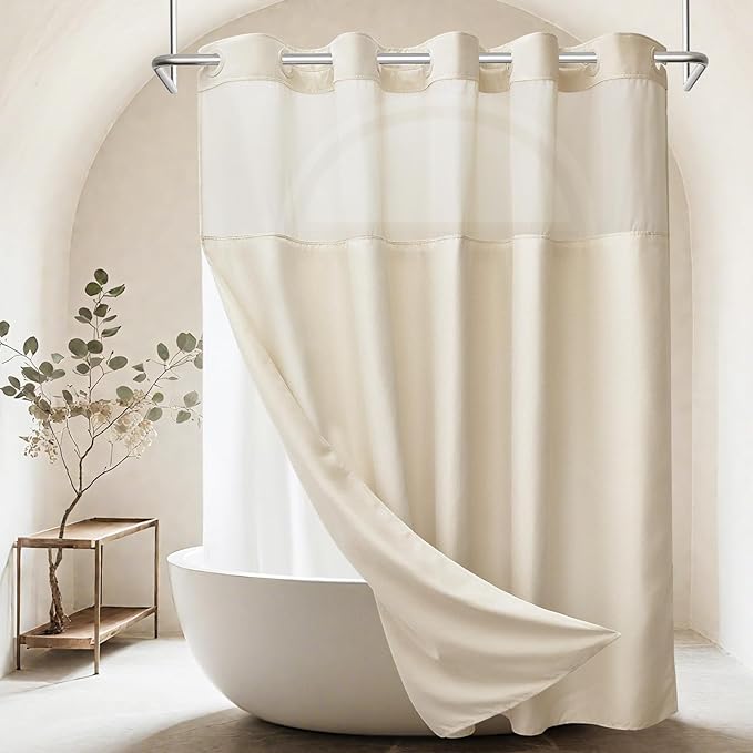 No Hook Shower Curtain with Snap in Liner, Polyester Textured Shower Curtain with Liner Set, Waterproof Washable Hotel Style Shower Curtains for Bathroom, 71Wx74H, Cream