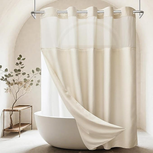 No Hook Shower Curtain with Snap in Liner, Polyester Textured Shower Curtain with Liner Set, Waterproof Washable Hotel Style Shower Curtains for Bathroom, 71Wx74H, Cream