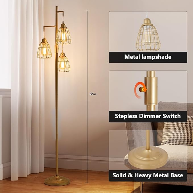 9MMML Gold Dimmable Floor Lamp,Industrial Farmhouse Tall Standing Floor Lamp for Living Room, Bedroom, Corner,Office,Gold 3 Teardrop Cage Lampshade,68”Height,3 LED Bulb Included