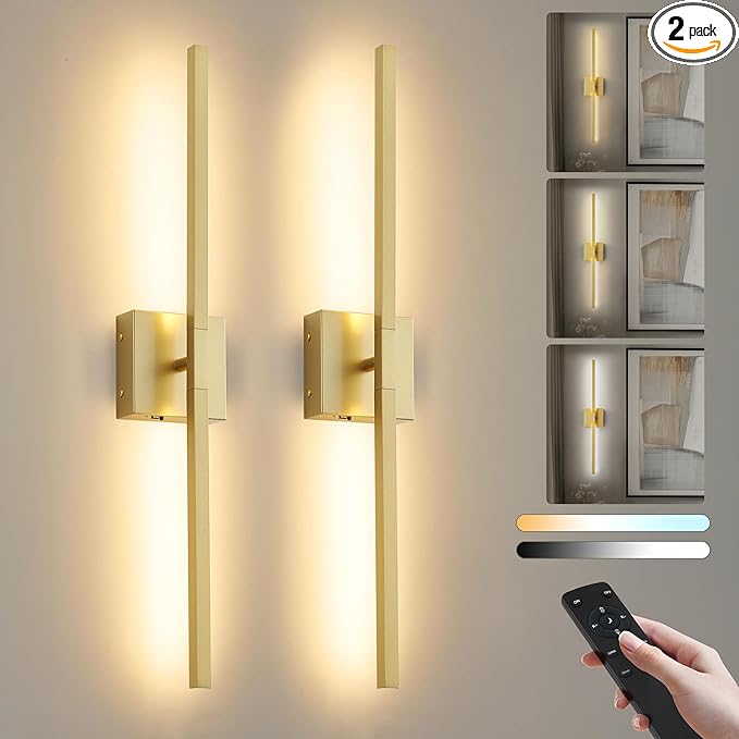 Wireless Battery Operated Wall Sconces Set of Two, Dimmable Modern Wall Sconce with Remote Control, 360°Rotation & Timer & Memory, Gold Led Rechargeable Wall Lights for Living Room, 28.3 Inch