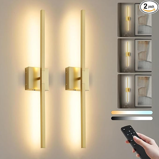 Wireless Battery Operated Wall Sconces Set of Two, Dimmable Modern Wall Sconce with Remote Control, 360°Rotation & Timer & Memory, Gold Led Rechargeable Wall Lights for Living Room, 28.3 Inch