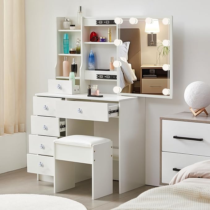 Girls Vanity Set, 3 Color Modes, 5 Storage Drawers 6 Cabinets Makeup Table with Mirror and Lights, White Dressing Table with Cushioned Stool for Home and Bedroom