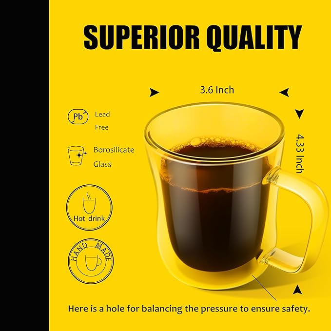 PunPun Coffee 12oz.350ml Glass Mugs Espresso Cups Coffee Glass Cups Champagne Glass Clear Drinking Cups, Tea Cups Wine Glass, Microwave Safe Borosilicate Glass Cup (12 OZ./Set of 2)