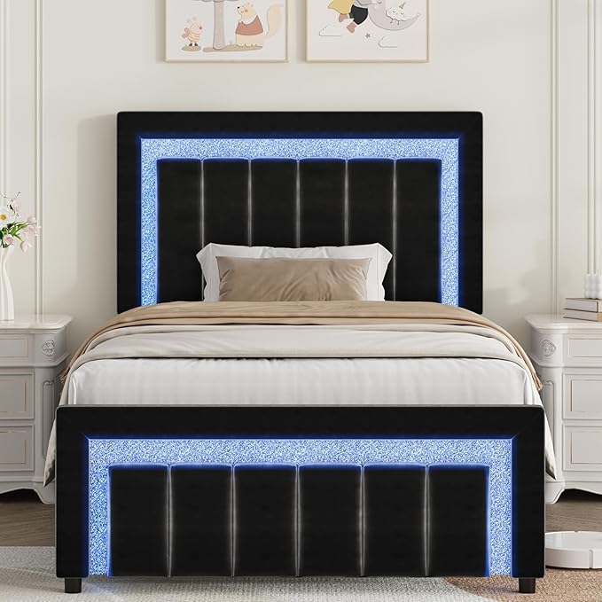 HOMBCK Twin Size Bed Frames with LED Lights and Velvet Upholstered Headboard, Bed Frame Twin with Modern Diamond Headboard Adjustable, Wooden Slats Support, Noise Free, No Box Spring Needed, Black