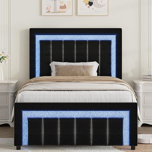 HOMBCK Twin Size Bed Frames with LED Lights and Velvet Upholstered Headboard, Bed Frame Twin with Modern Diamond Headboard Adjustable, Wooden Slats Support, Noise Free, No Box Spring Needed, Black