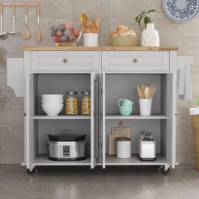 Rolling Kitchen Island with Drop Leaf – Movable Kitchen Carts on Wheels Island with Storage Cabinet, Island Table for Kitchen with Rubber Wood Top and Rack and Drawers, Matte, White