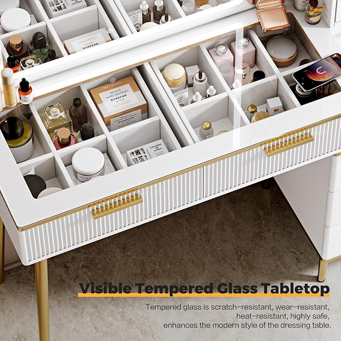 Vanity Desk with 29.53" HD Lighted Mirror, 47.24" Big Modern Vanity Desk with Mirror and Lights, Makeup Vanity with 5 Drawers and Storage Shelves and Charging Station, White