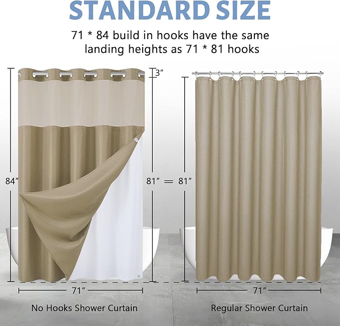 Furlinic Waffle Weave No Hook Shower Curtain with Snap in Liner,Honeycomb Textured Bathroom Curtains with See Through Top Window,Waterproof & Machine Washable,Hotel Quality,Beige,71x84 Inch