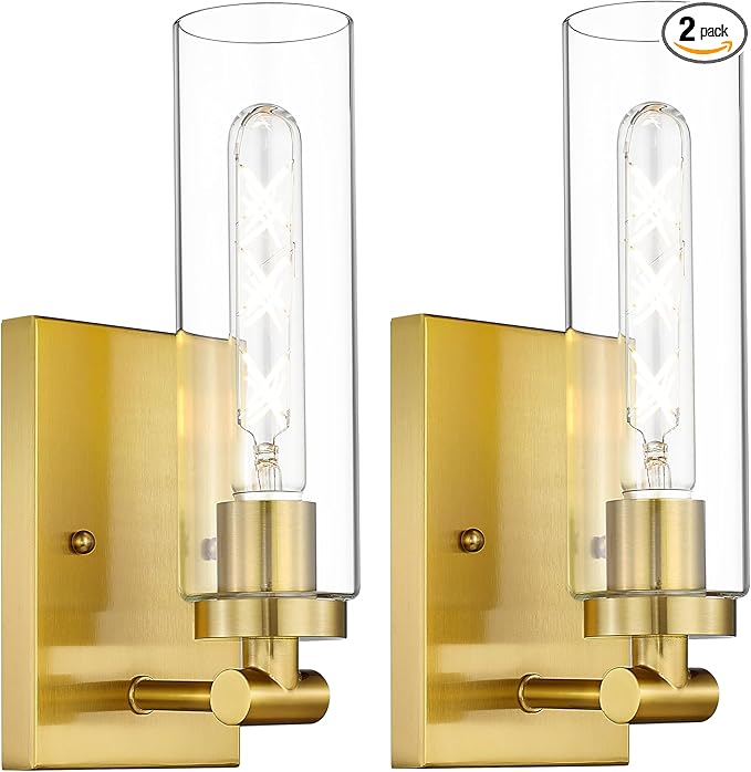 Emak Wall Sconces Set of Two, Modern Brushed Gold Sconce with Clear Glass Shade, Bathroom Lighting Fixtures for Mirror, Living Room, Bedroom, Gallery, WS086-BGD-CG-2PK