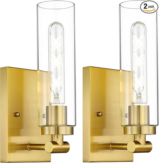Emak Wall Sconces Set of Two, Modern Brushed Gold Sconce with Clear Glass Shade, Bathroom Lighting Fixtures for Mirror, Living Room, Bedroom, Gallery, WS086-BGD-CG-2PK