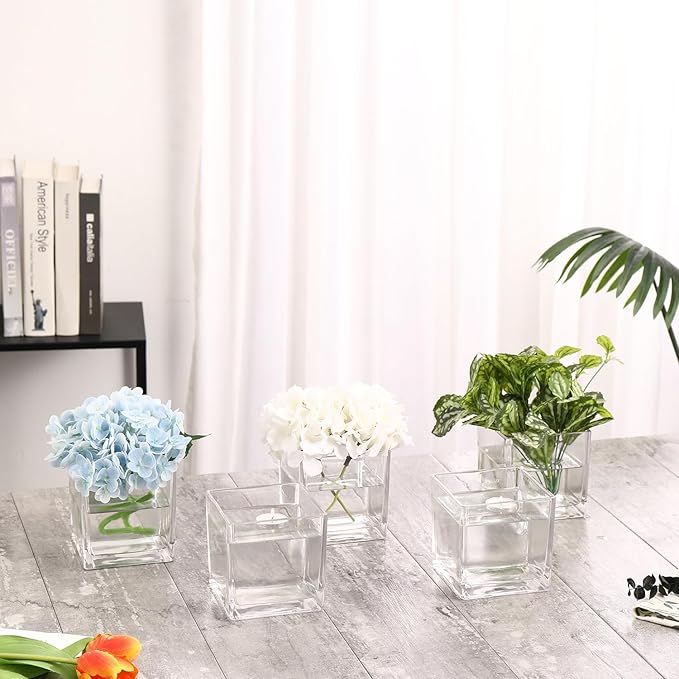 Square Clear Glass Vases Set of 2, 6" x 6" x 6" Square Vase for Centerpieces, Flower Vases for Centerpieces, Small Vase for Wedding, Party, Home Office Decoration