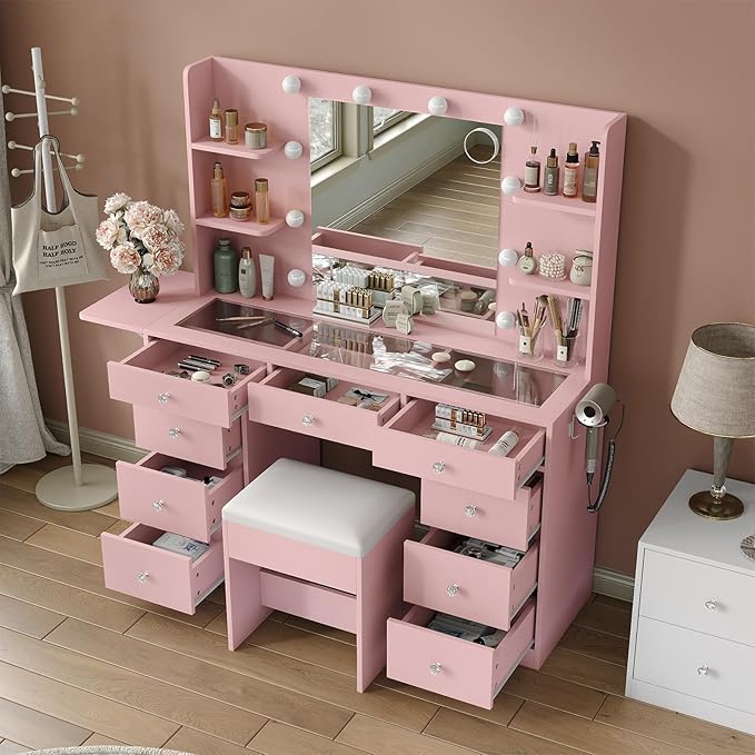 9 Drawers Vanity Desk & Power Outlet, Makeup Vanity with Mirror and 10 LED Lights, 3 Lighting Modes Brightness Adjustable, Makeup Table with 4 Shelves and Fold-up Panel, Vanity Set for Bedroom, Pink