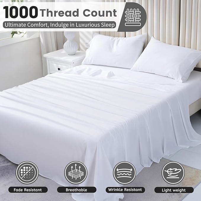 Bedlifes 1000 Thread Count 100% Egyptian Cotton California King Size Sheets Set - Sateen Soft Silky Breathable Luxury Cooling 4 Pieces (White)