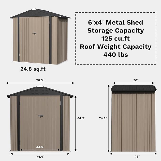 Greesum 6×4FT Outdoor Storage Shed, Metal Patio Storaged Sheds with Lockable Doors, Sheds & Outdoor Storage for Bike, Backyard, Pool and Garden, Brown