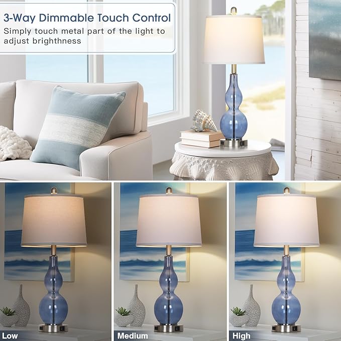 27.5" Coastal Blue Glass Double Gourd Table Lamp Set of 2,3-Way Dimmable Touch Control Bedside Lamps with USB Ports and AC Outlet, Nautical Nightstand Lamps for Bedroom Living Room