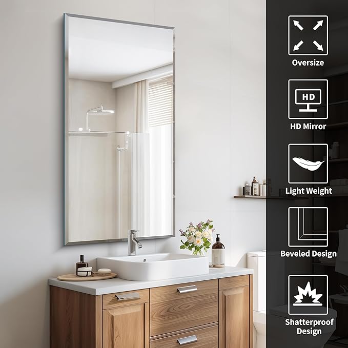 24x48 Large Beveled Mirror, Frameless Beveled Bathroom Mirrors for Over Sink, Upgraded Shatterproof Beveled Vanity Mirror for Bathroom,Bedroom,Living Room and Entryway