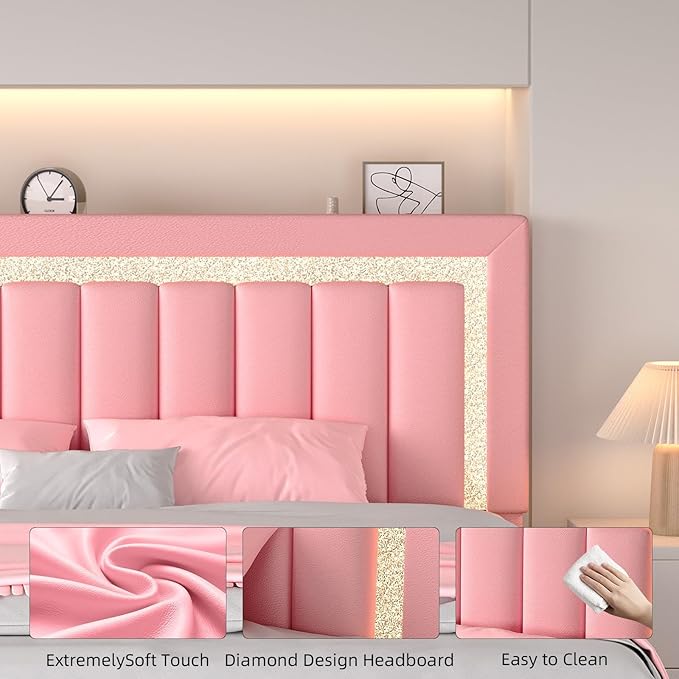HOMBCK Floating Bed Frame King with Smart LED Lights, Faux Leather Upholstered Bed with Diamond PU Headboard, No Box Spring Needed, Noise-Free, Easy Assembly, Pink