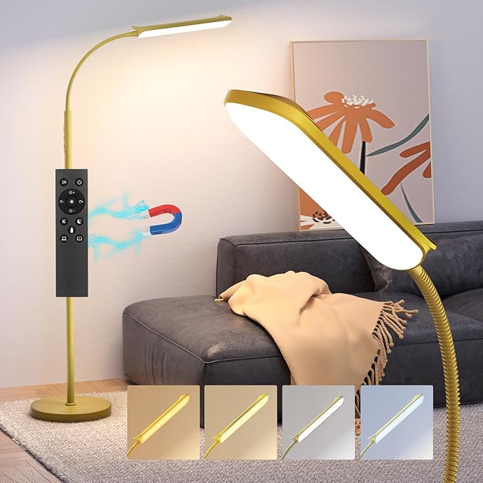 LED Floor Lamp, 18W Super Bright Floor Lamp for Living Room, Adjustable Stepless Colors & Brightness Gooseneck Standing Lamp, Eye Caring Reading Light with Remote& Touch Control for Bedroom Office